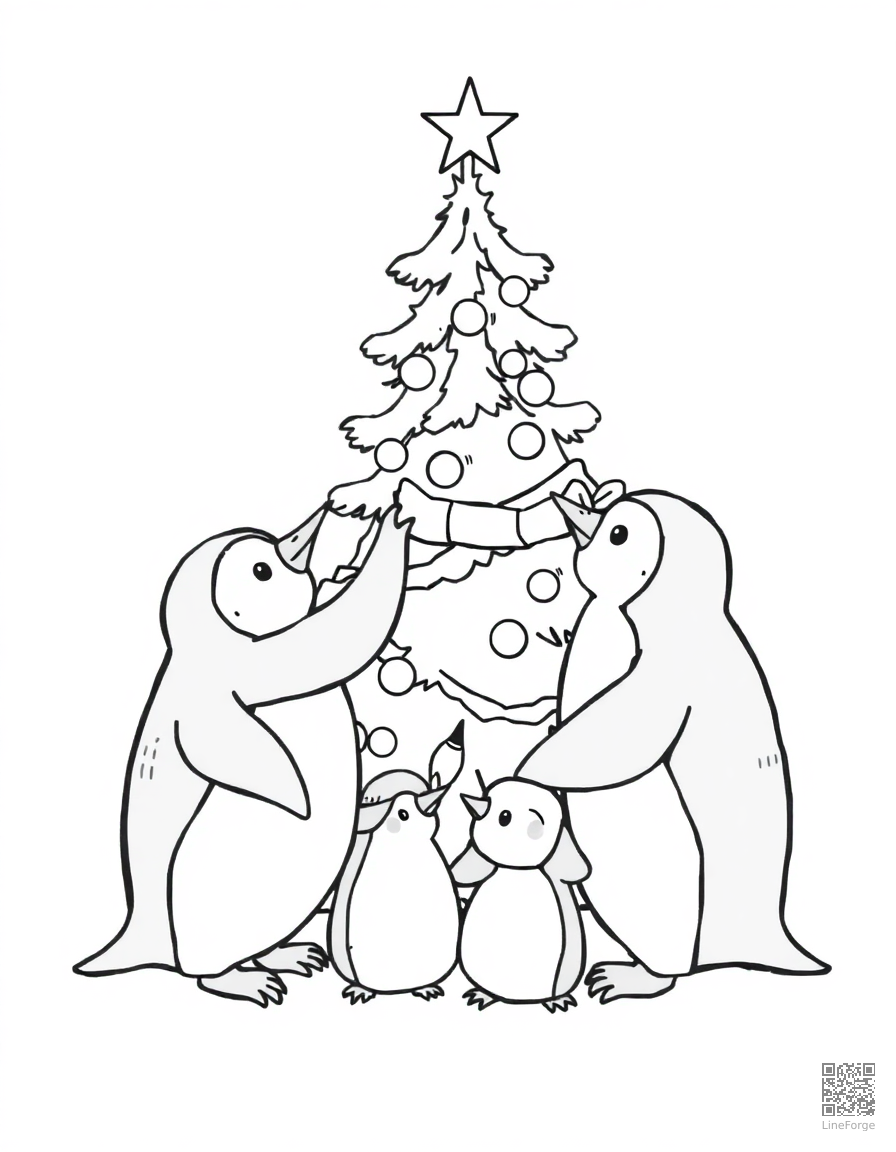 penguin family decorating a christmas tree coloring page Contour style - free printable