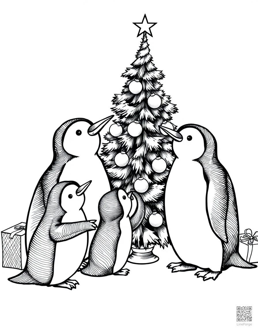 penguin family decorating a christmas tree coloring page Crosshatch style - free printable