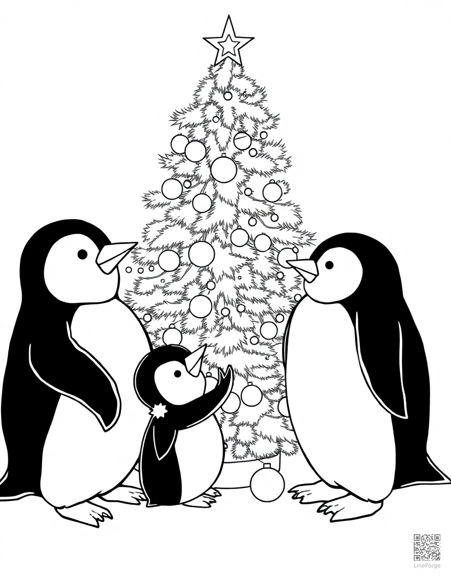 penguin family decorating a christmas tree coloring page Manga style - free printable