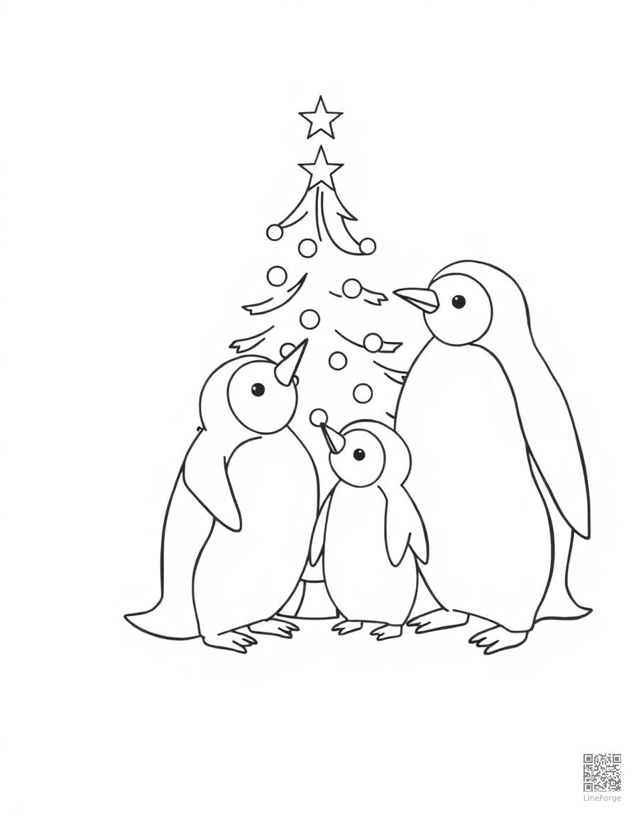 penguin family decorating a christmas tree coloring page Minimal style - free printable