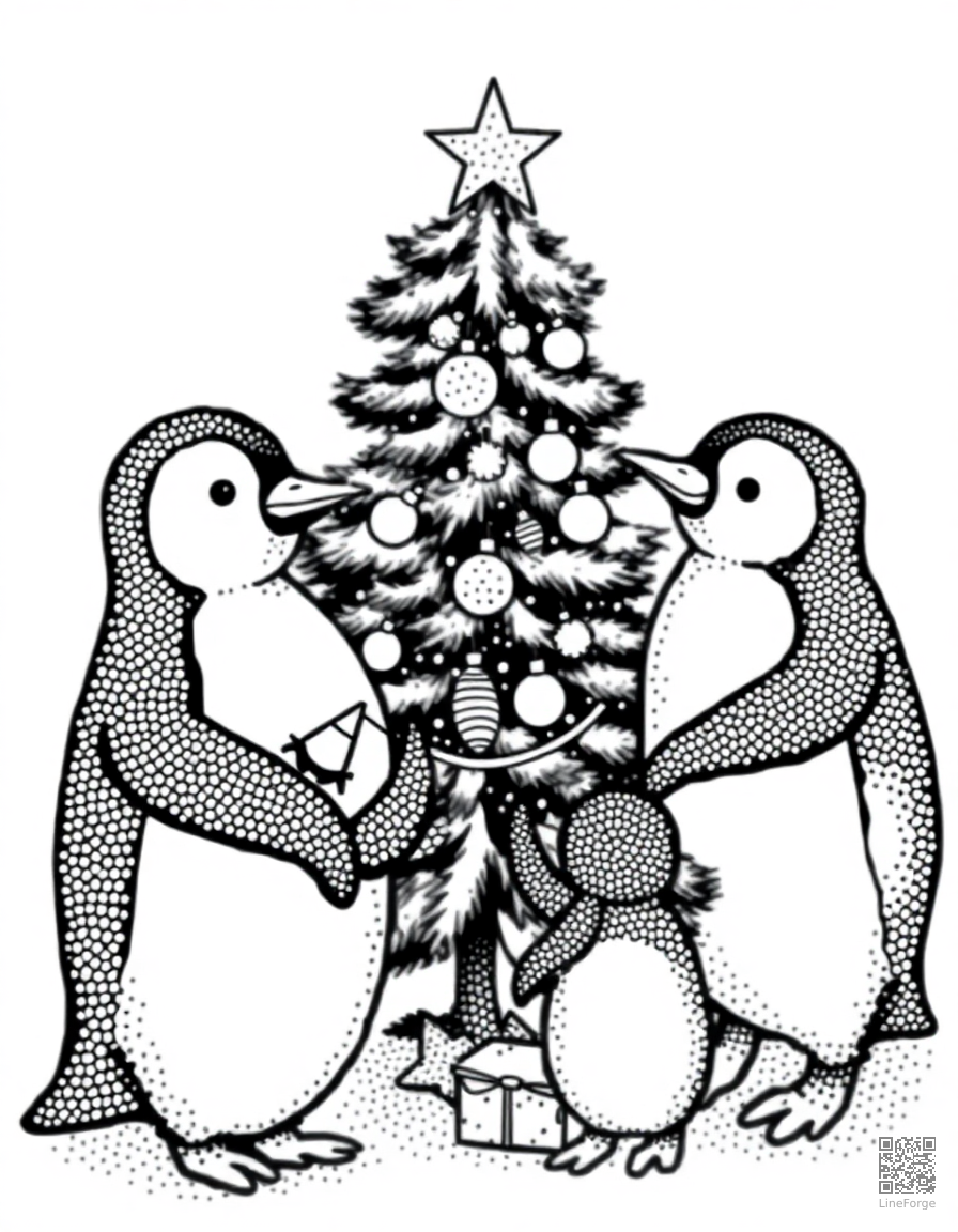 penguin family decorating a christmas tree coloring page Stipple style - free printable