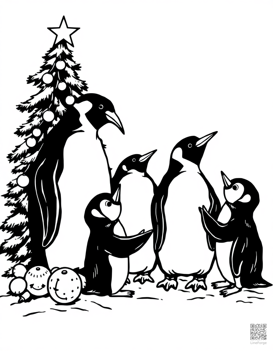 penguin family decorating a christmas tree coloring page Woodcut style - free printable