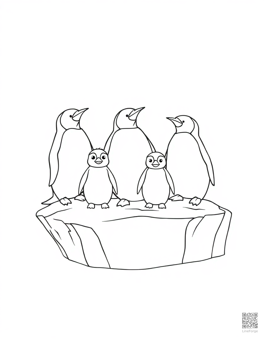 Penguin family on an iceberg coloring page Contour style free printable