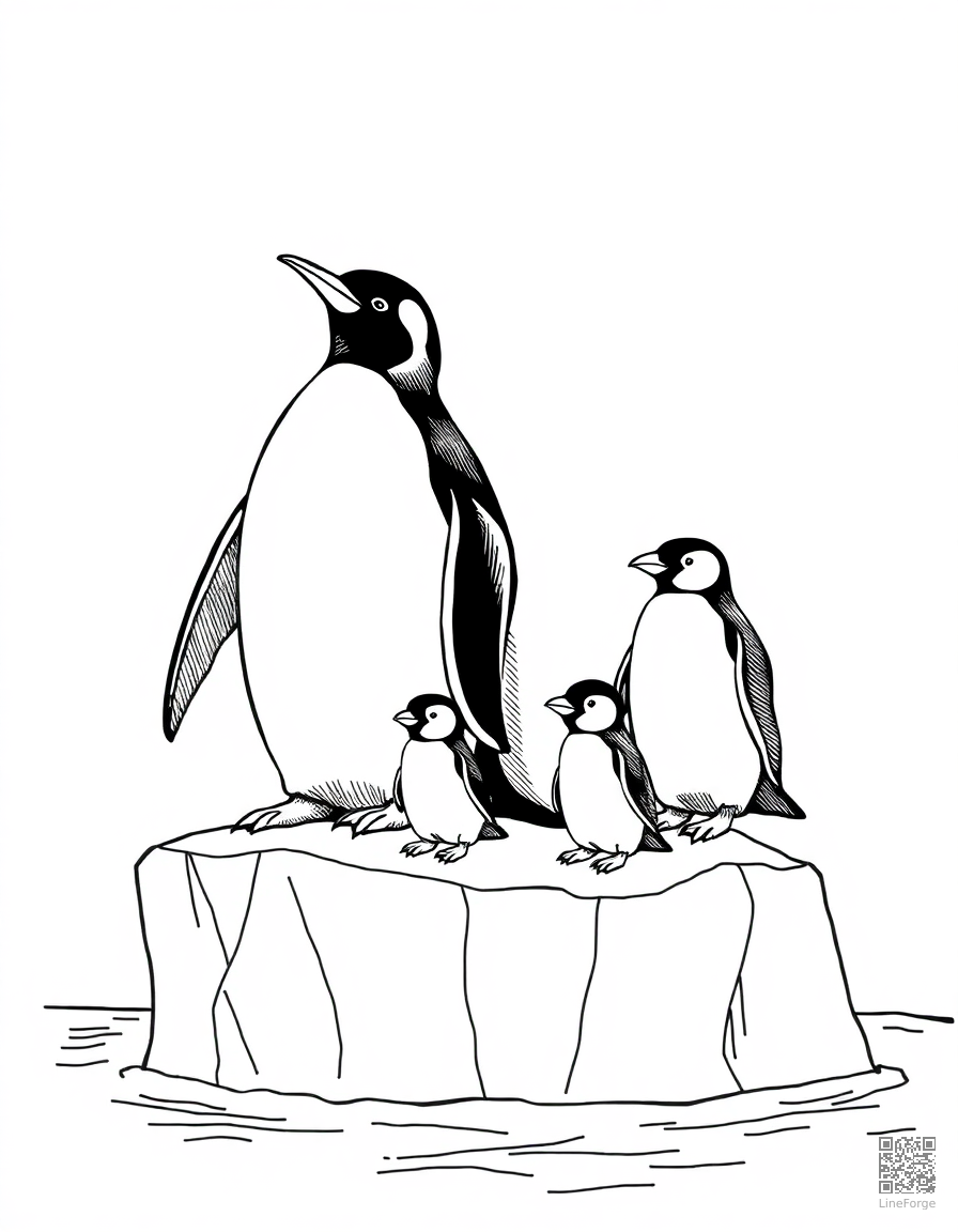 Penguin family on an iceberg coloring page Crosshatch style free printable