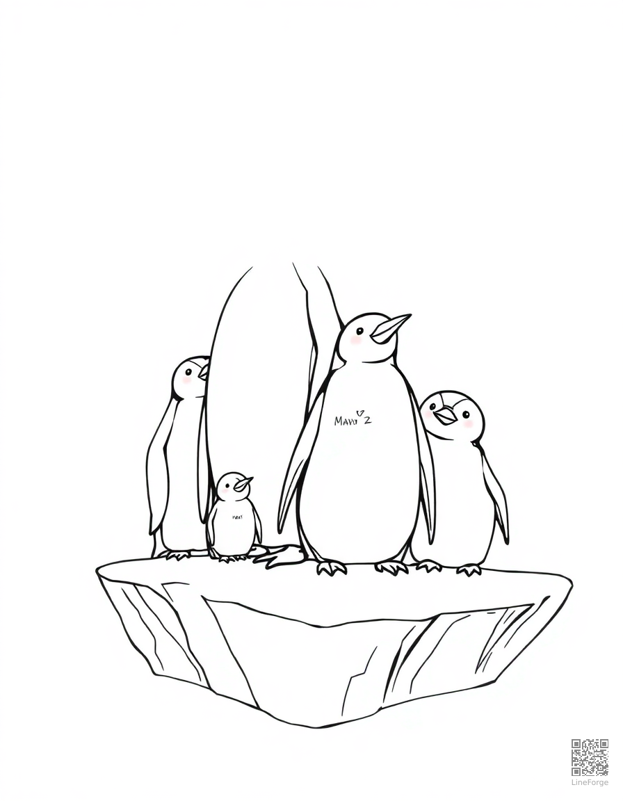 Penguin family on an iceberg coloring page Manga style free printable