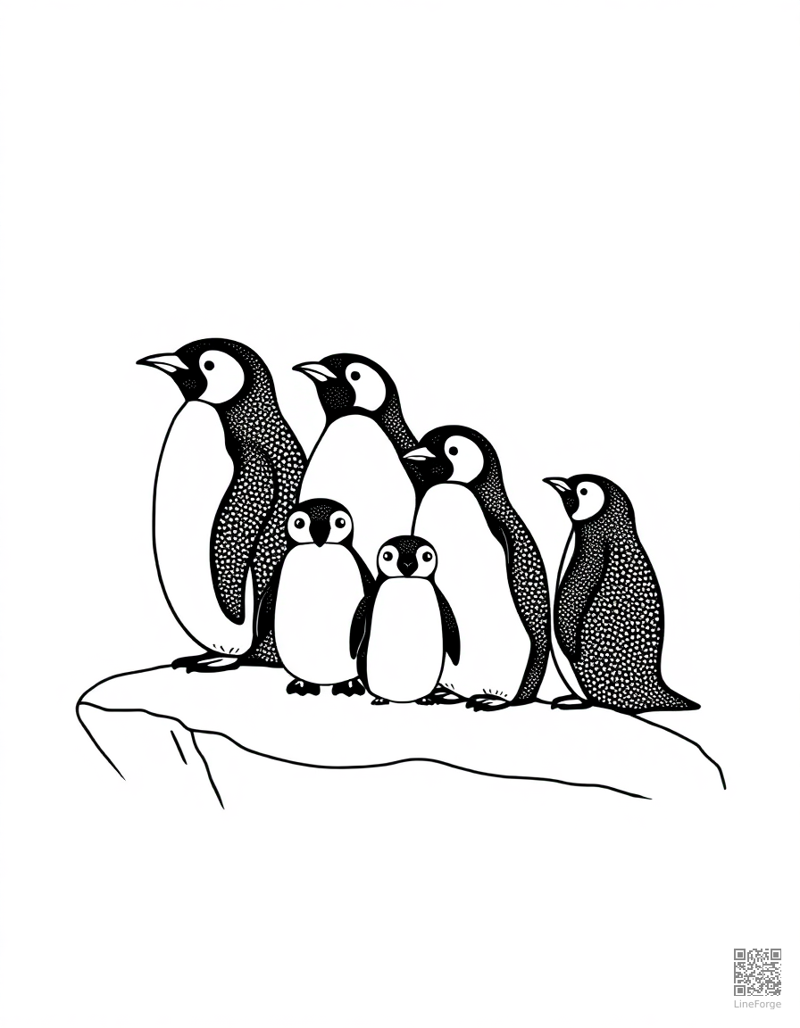 Penguin family on an iceberg coloring page Stipple style free printable