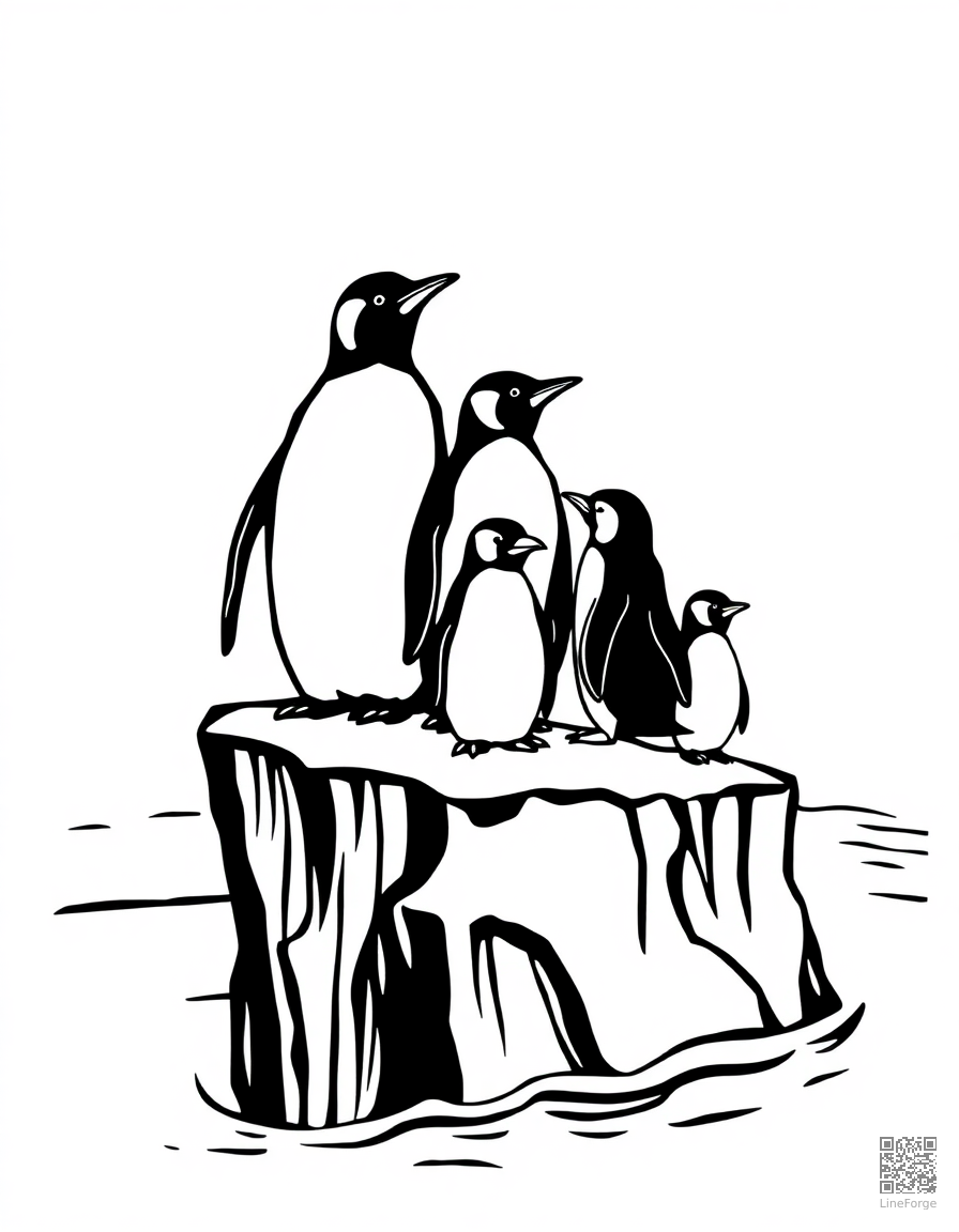 Penguin family on an iceberg coloring page Woodcut style free printable
