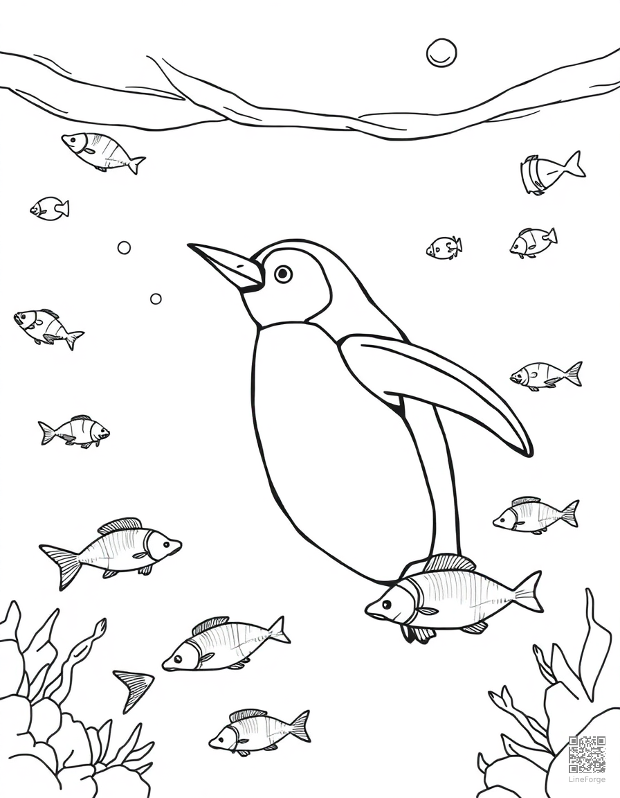 penguin swimming underwater catching fish coloring page Contour style - free printable