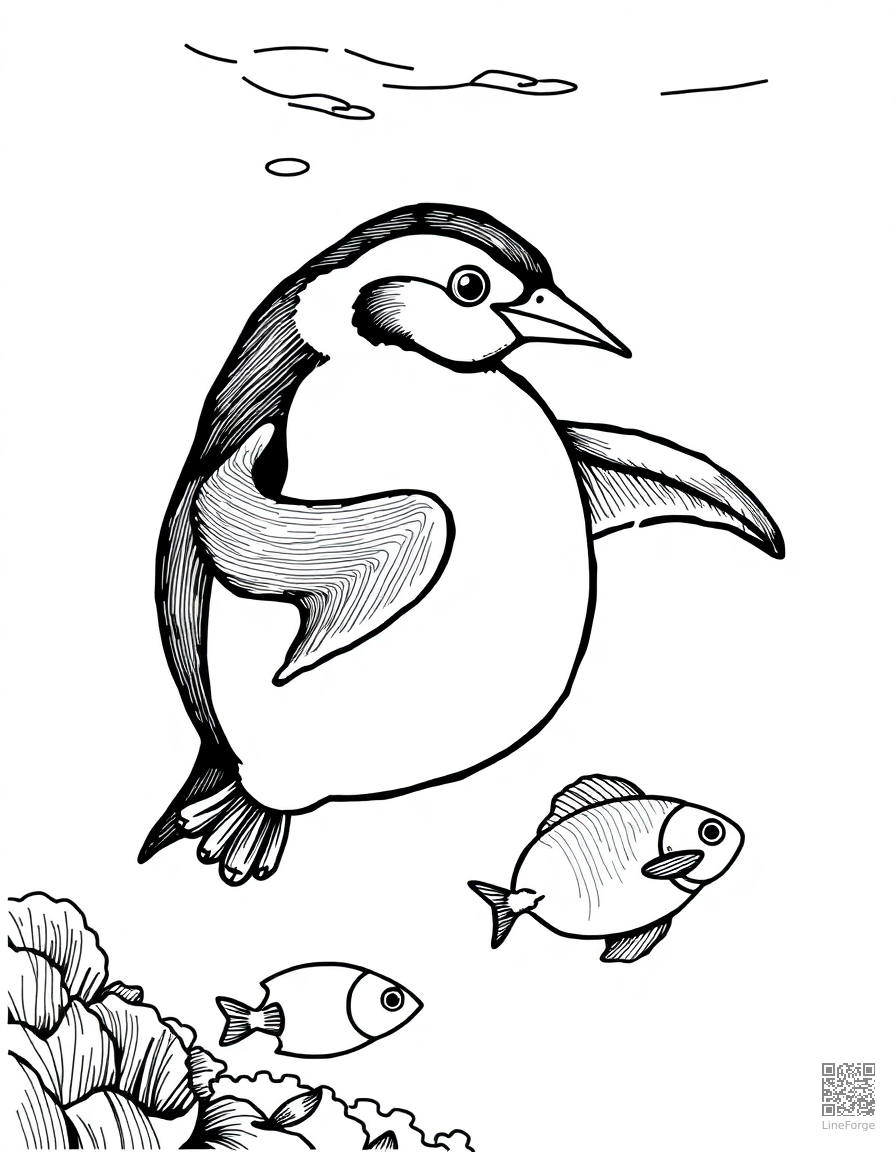 penguin swimming underwater catching fish coloring page Crosshatch style - free printable