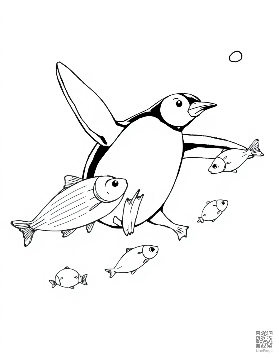 penguin swimming underwater catching fish coloring page Manga style - free printable