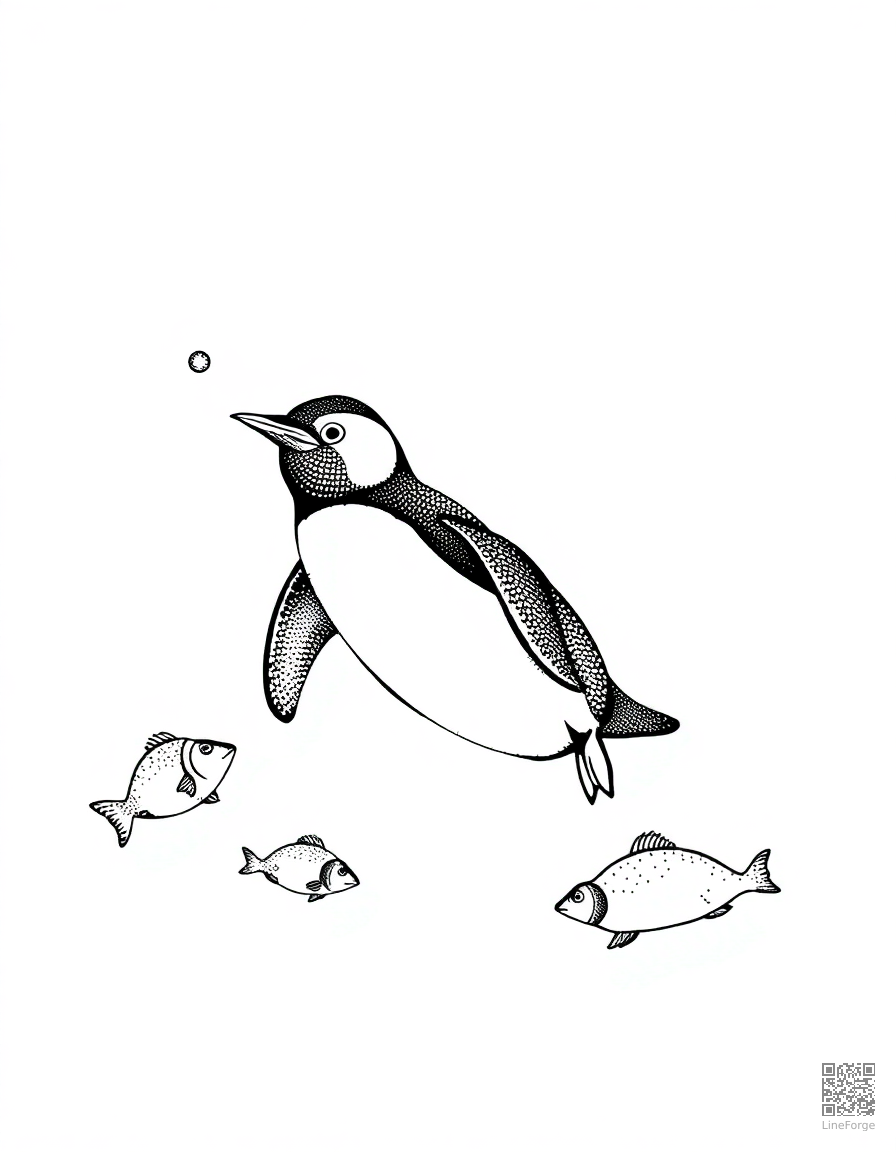 penguin swimming underwater catching fish coloring page Stipple style - free printable
