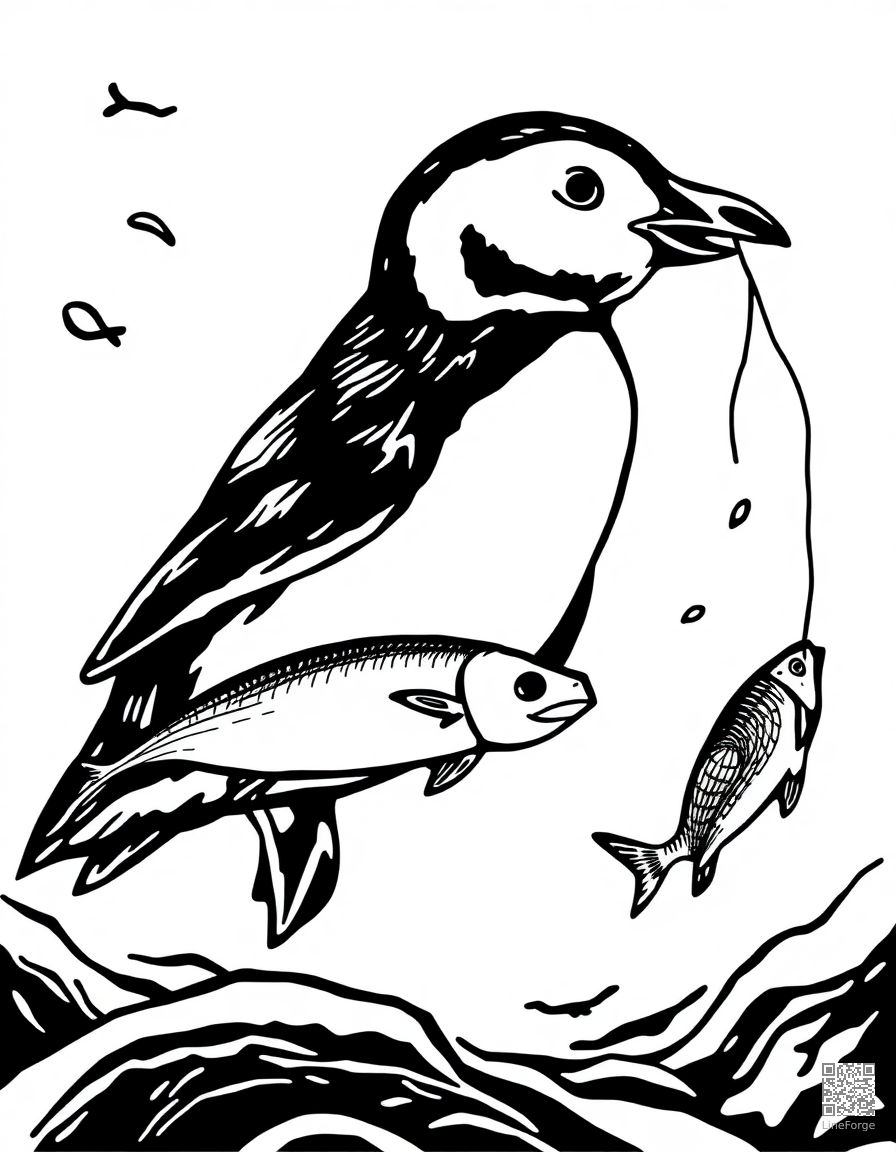 penguin swimming underwater catching fish coloring page Woodcut style - free printable