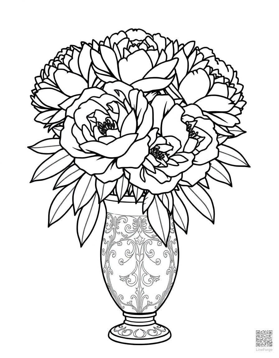 Free peony bouquet in an ornate vase coloring page in contour style — printable line art