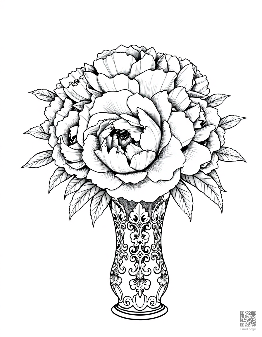 peony bouquet in an ornate vase coloring page Crosshatch style - free printable