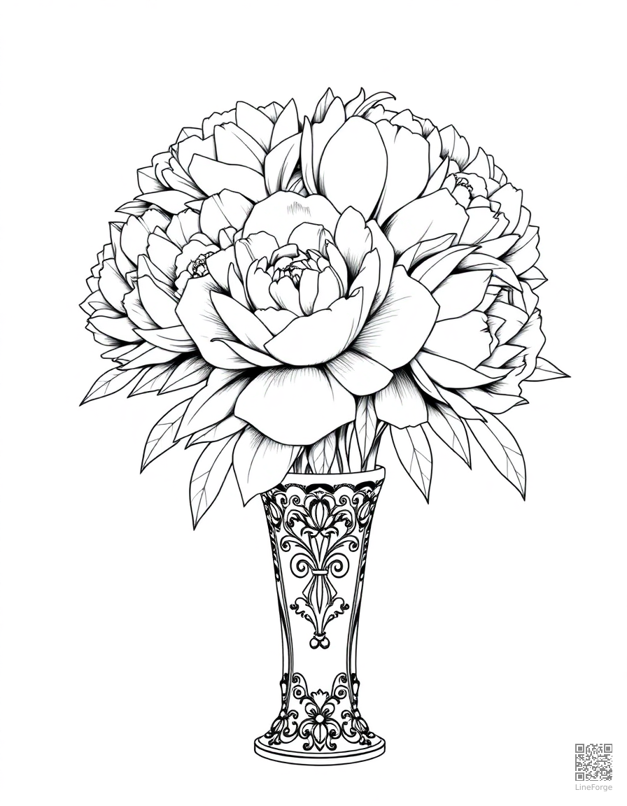 Free peony bouquet in an ornate vase coloring page in manga style — printable line art