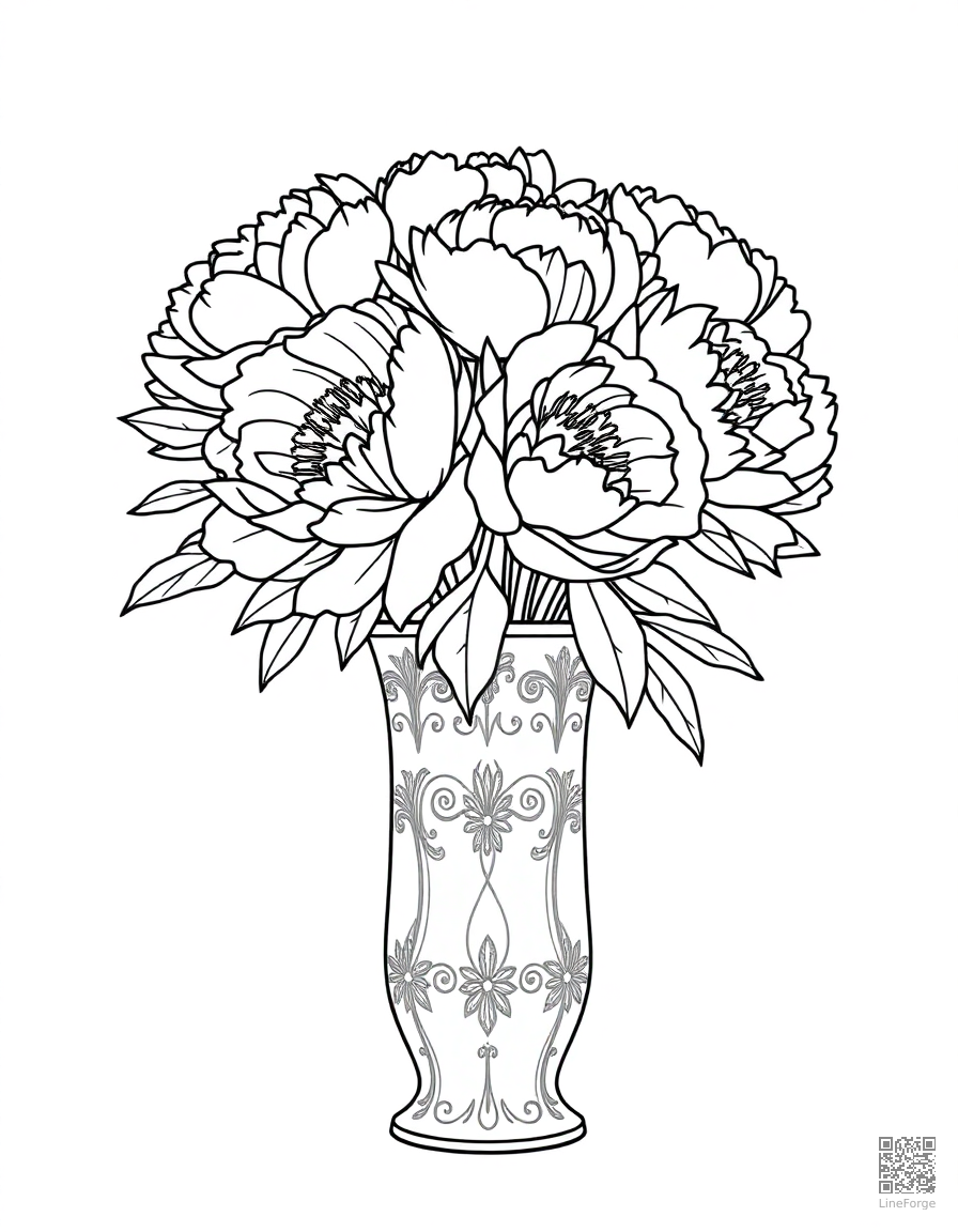 peony bouquet in an ornate vase coloring page Minimal style - free printable