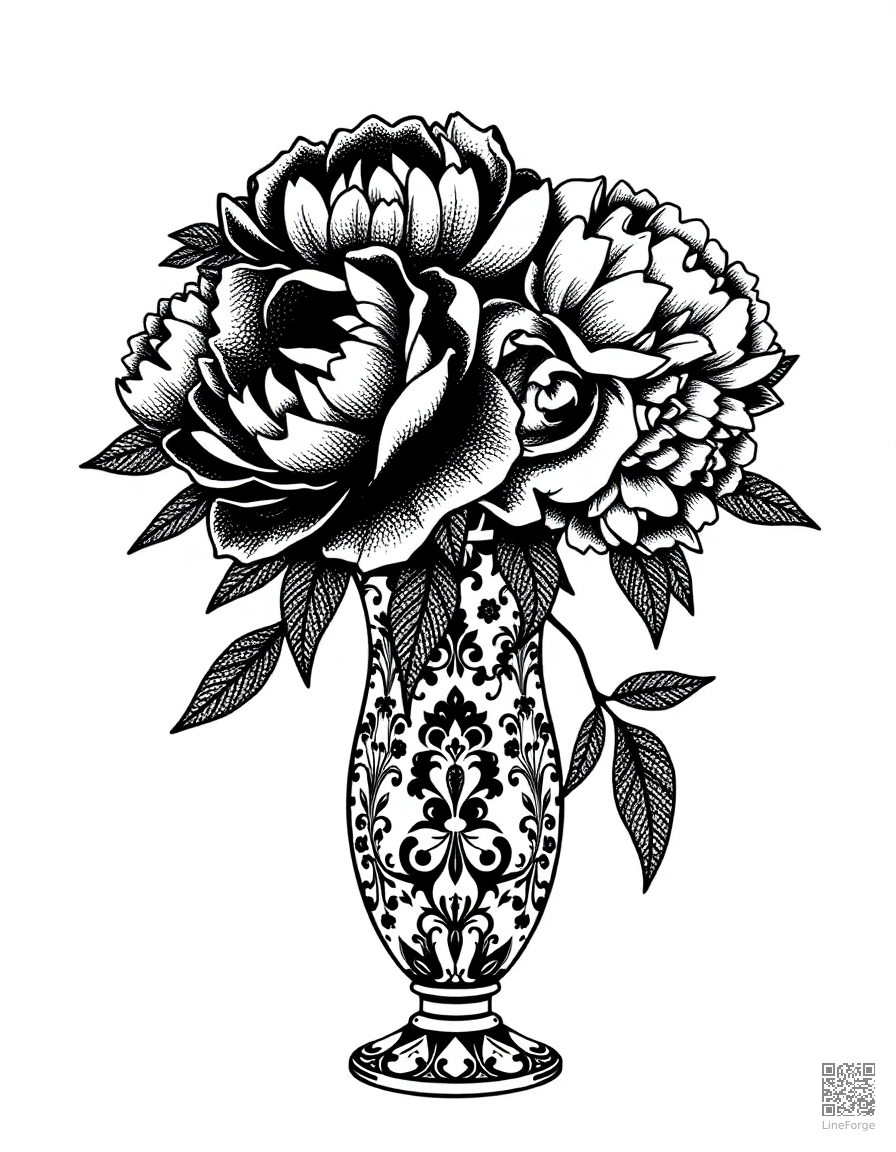 Free peony bouquet in an ornate vase coloring page in stipple style — printable line art