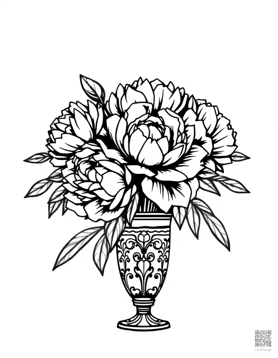 peony bouquet in an ornate vase coloring page Woodcut style - free printable