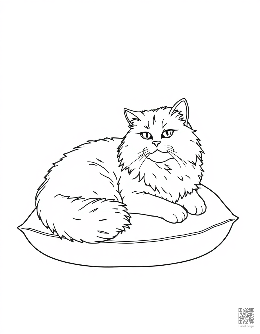 Persian cat lounging on a cushion coloring page Contour style - free printable