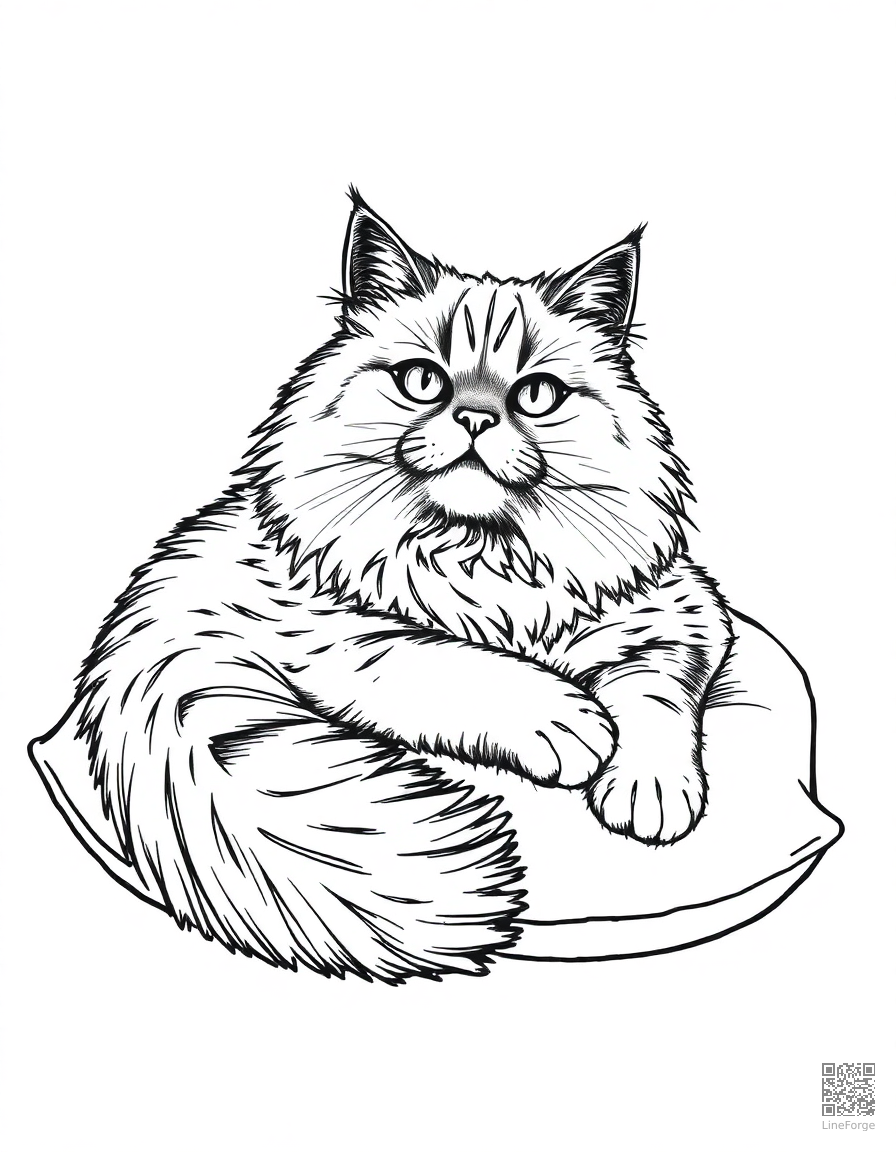Persian cat lounging on a cushion coloring page Crosshatch style - free printable