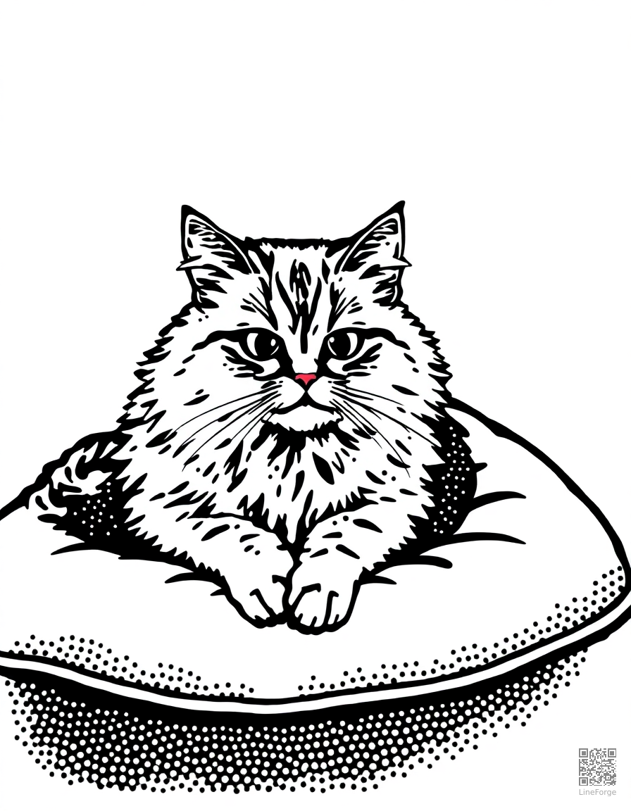 Persian cat lounging on a cushion coloring page Stipple style - free printable