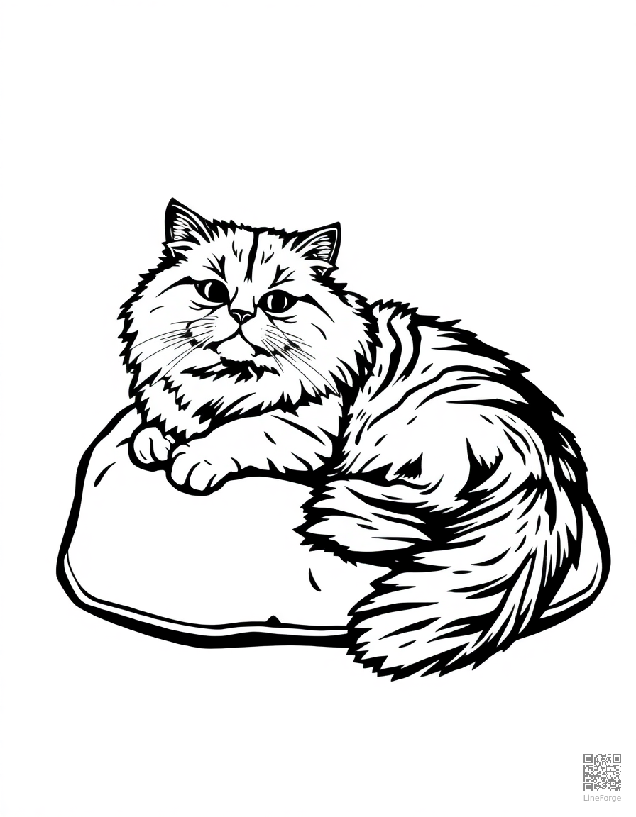 Persian cat lounging on a cushion coloring page Woodcut style - free printable