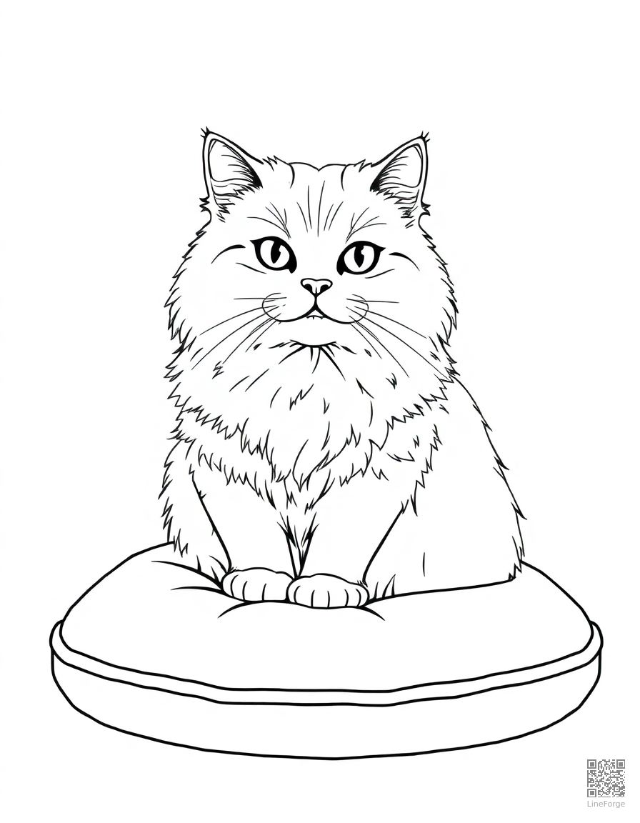 Free persian cat sitting gracefully on a velvet cushion coloring page in contour style — printable line art
