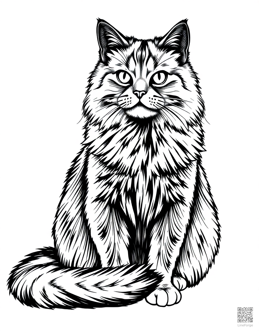 Free persian cat sitting gracefully on a velvet cushion coloring page in crosshatch style — printable line art