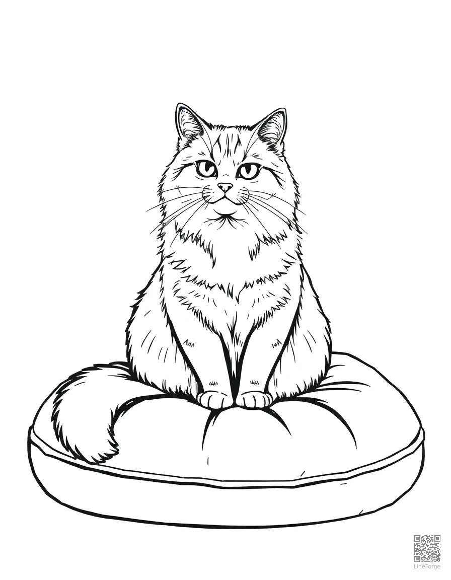 Free persian cat sitting gracefully on a velvet cushion coloring page in manga style — printable line art
