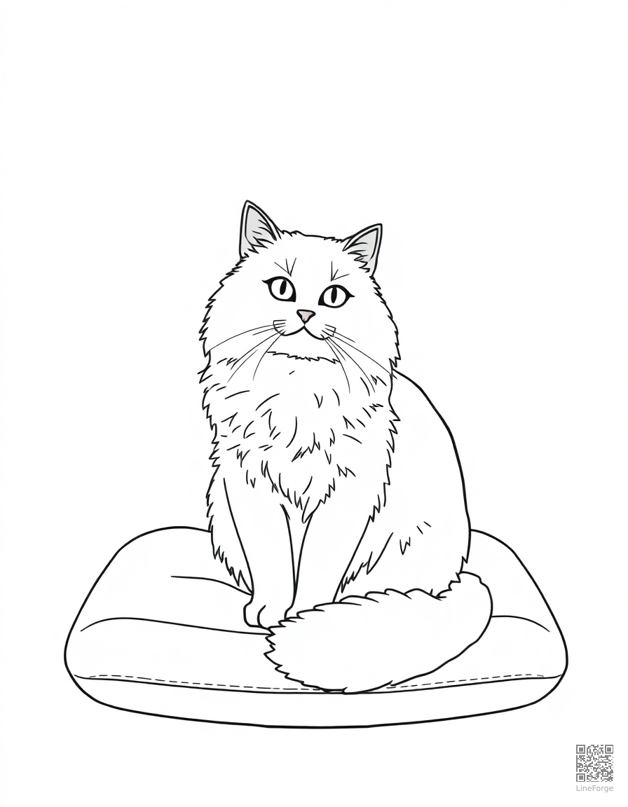Free persian cat sitting gracefully on a velvet cushion coloring page in minimal style — printable line art