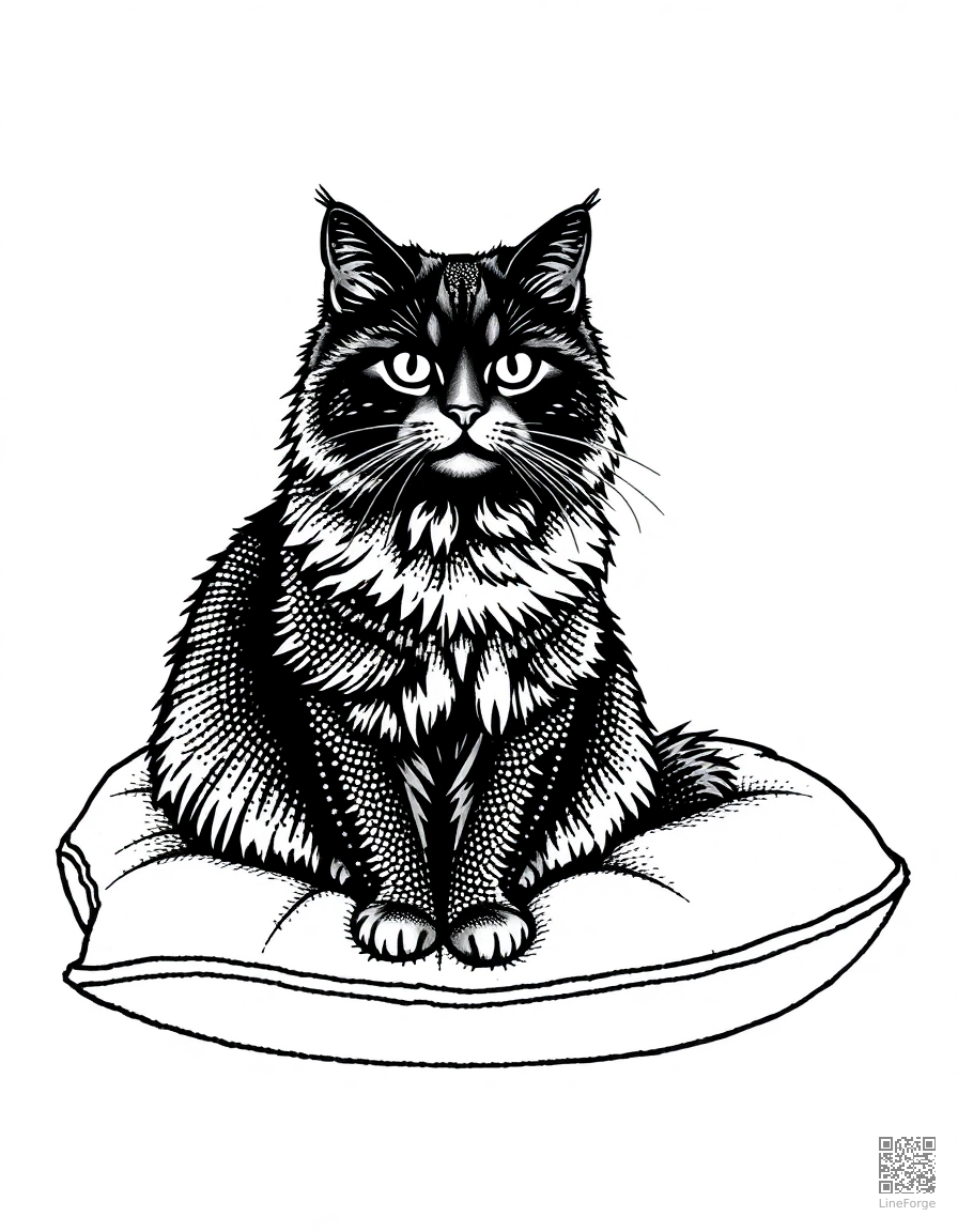 Free persian cat sitting gracefully on a velvet cushion coloring page in stipple style — printable line art