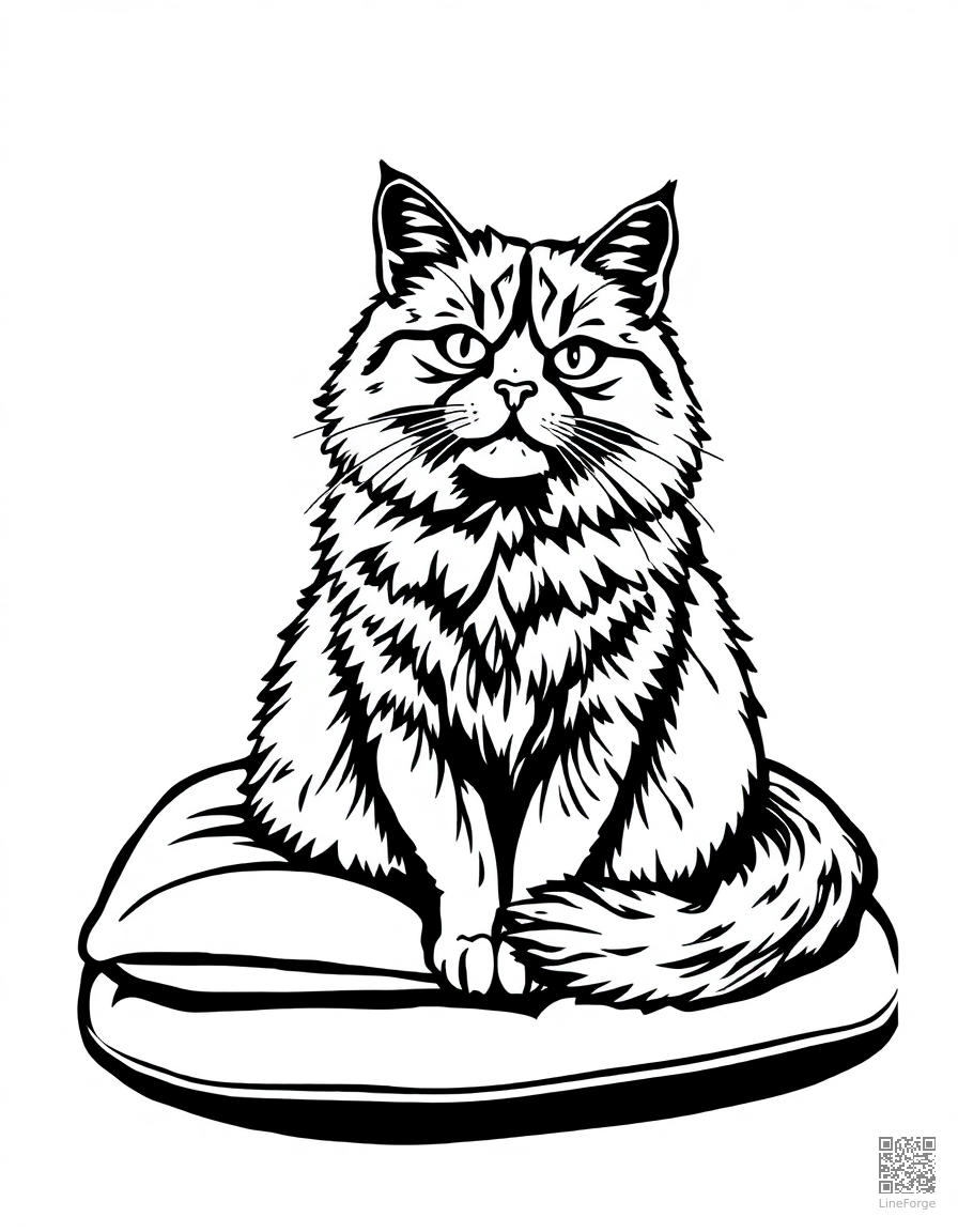 Free persian cat sitting gracefully on a velvet cushion coloring page in woodcut style — printable line art