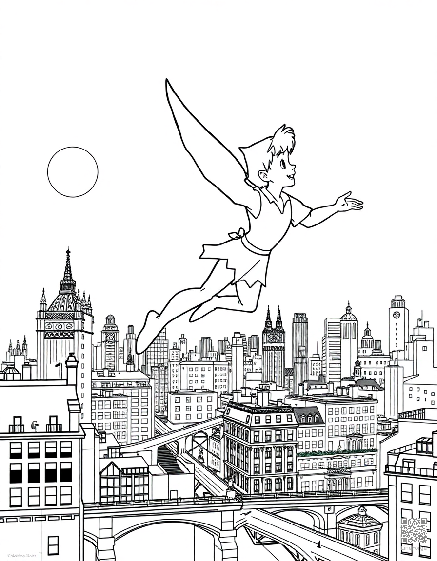 Free peter pan flying over london at night coloring page in contour style — printable line art