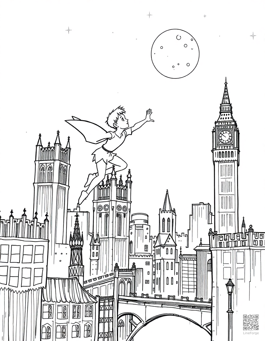 Free peter pan flying over london at night coloring page in crosshatch style — printable line art