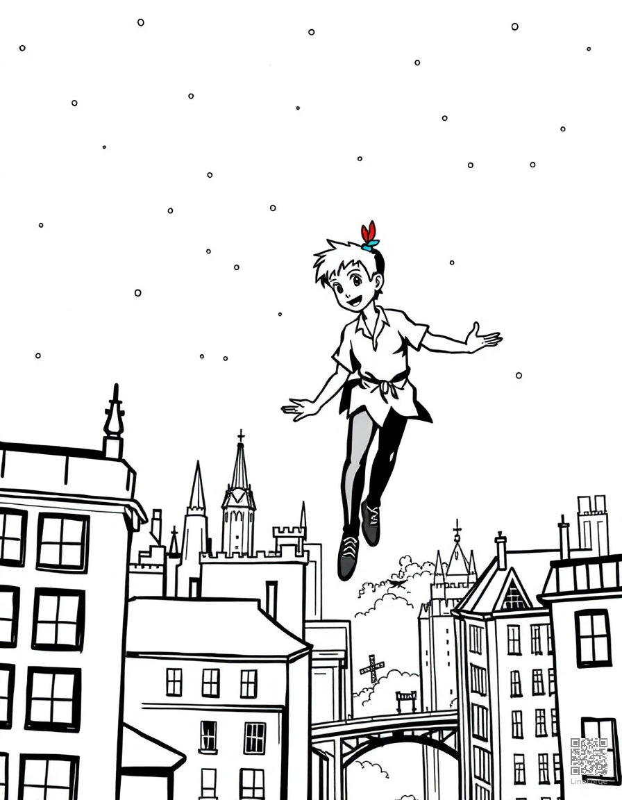 Free peter pan flying over london at night coloring page in manga style — printable line art