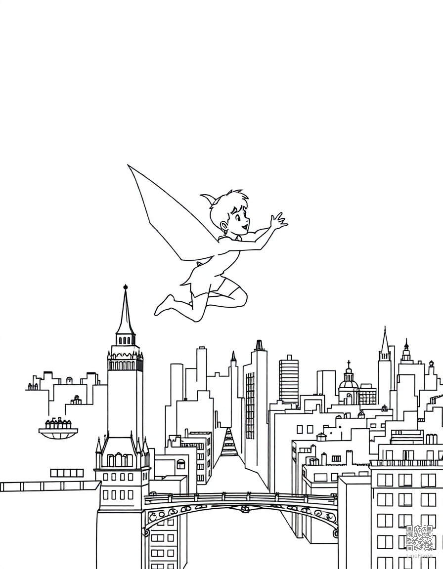 Free peter pan flying over london at night coloring page in minimal style — printable line art