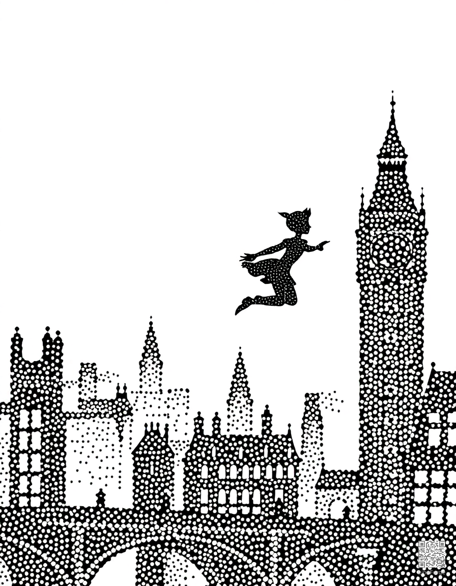 peter pan flying over london at night coloring page Stipple style free printable