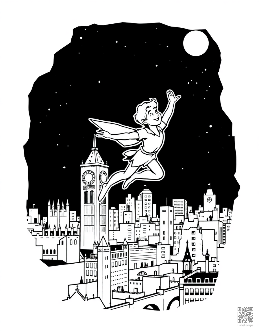 Free peter pan flying over london at night coloring page in woodcut style — printable line art