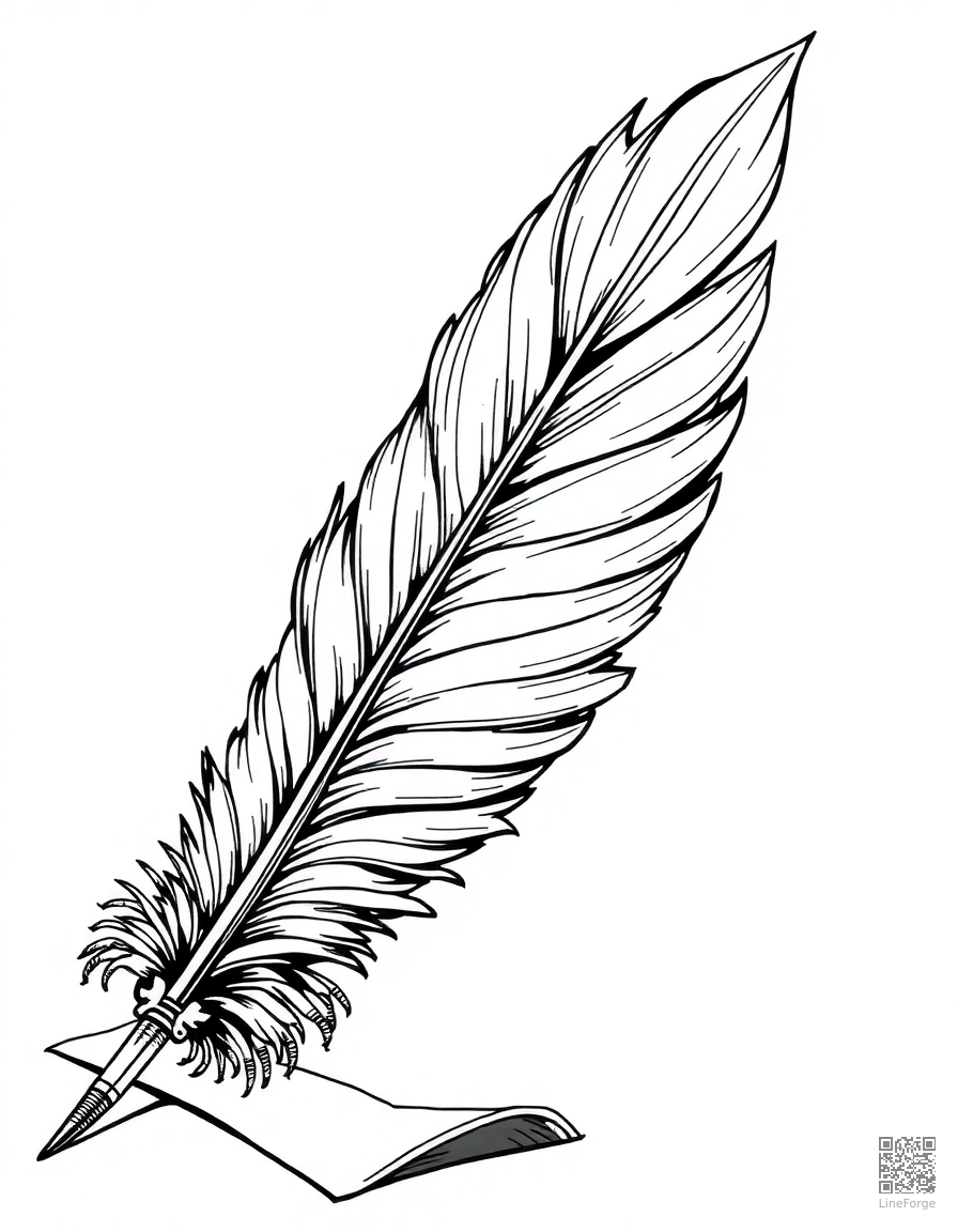 Free phoenix feather quill writing on parchment coloring page in manga style — printable line art