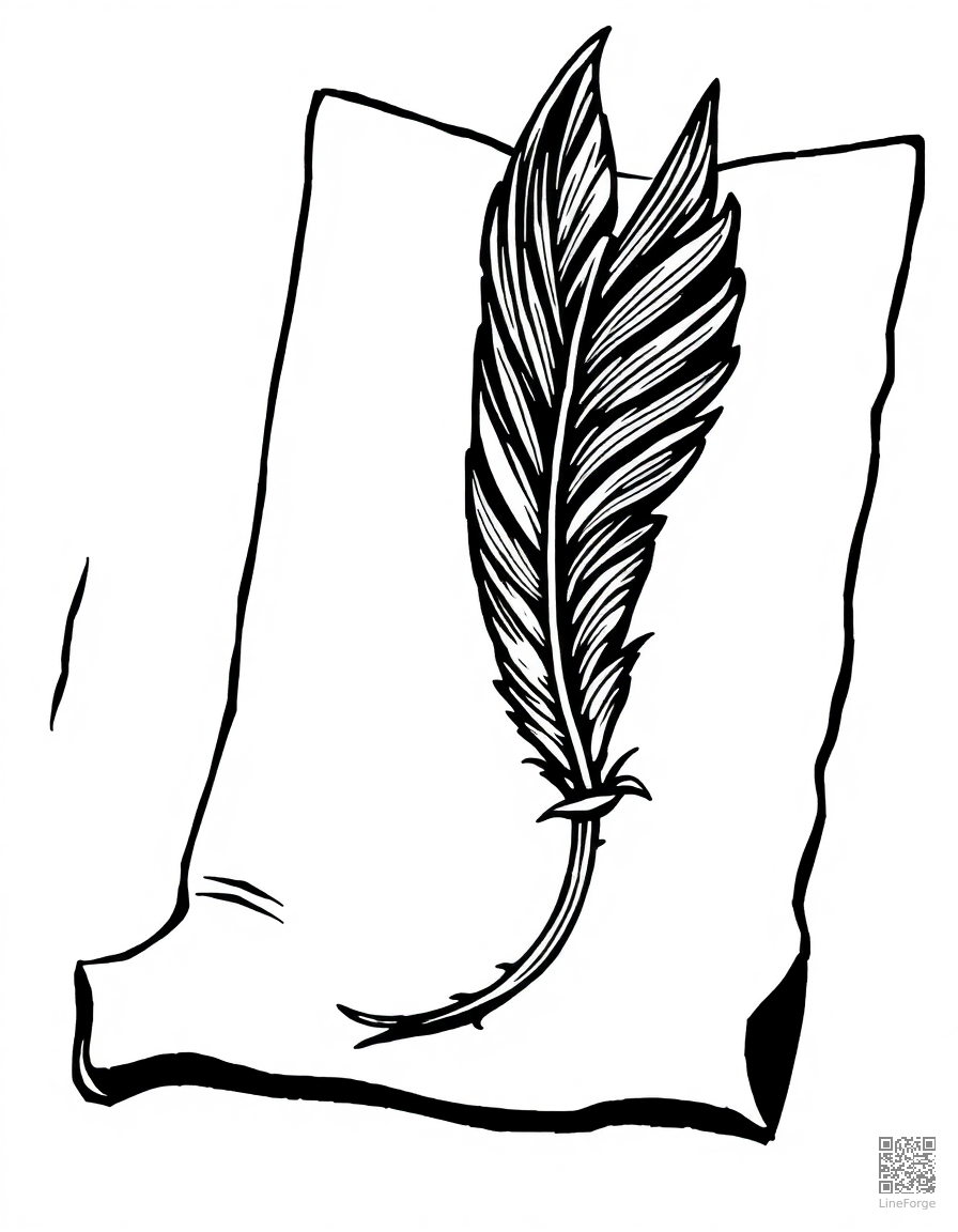 phoenix feather quill writing on parchment coloring page Woodcut style - free printable