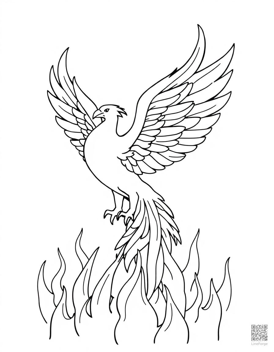 Phoenix rising from flames coloring page Contour style - free printable