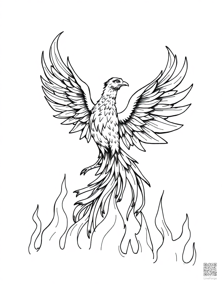Phoenix rising from flames coloring page Crosshatch style - free printable