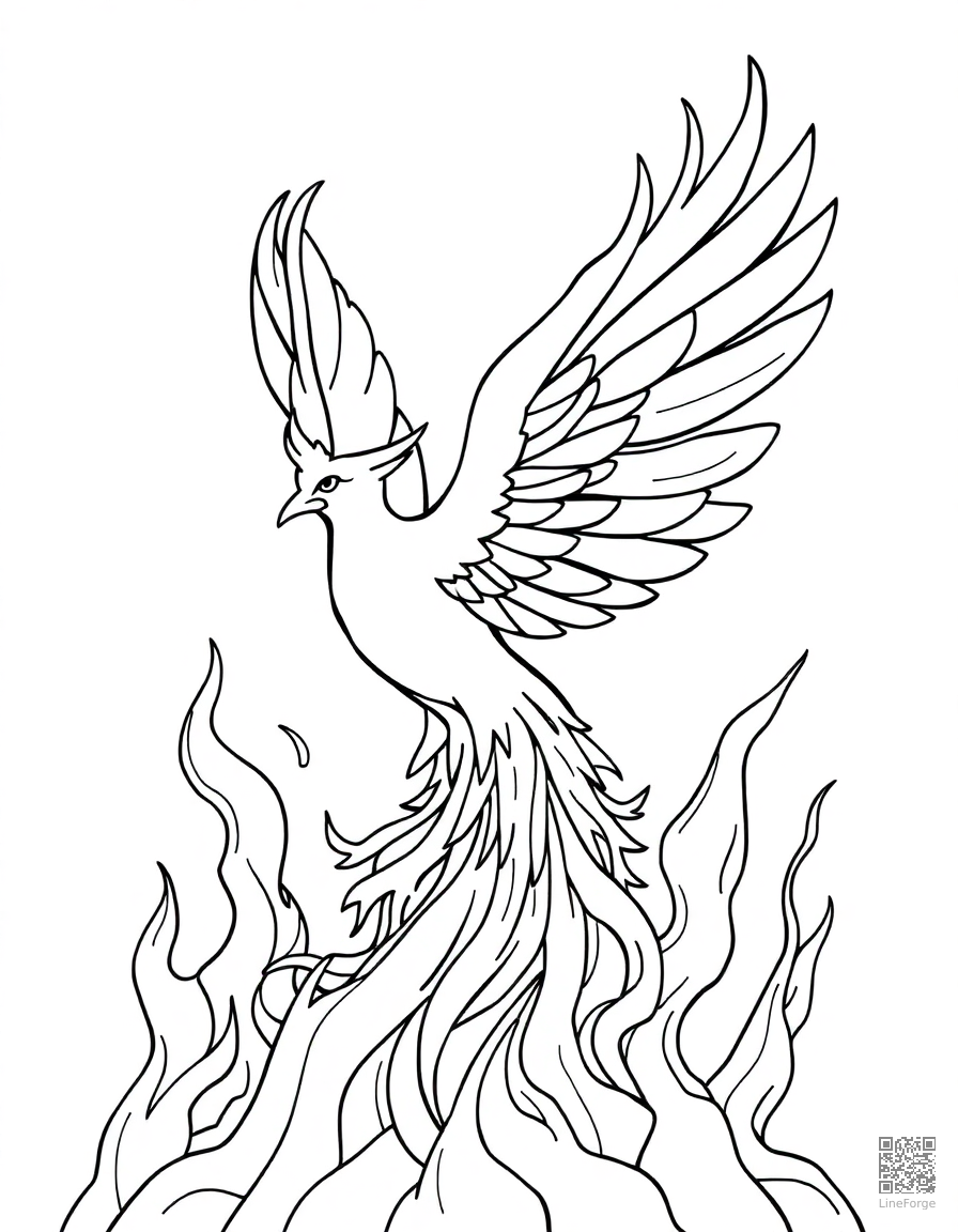 Free phoenix rising from flames in a spectacular display coloring page in contour style — printable line art