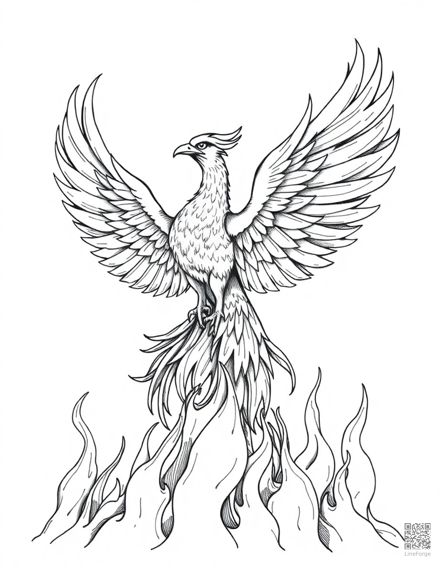 phoenix rising from flames in a spectacular display coloring page Crosshatch style - free printable