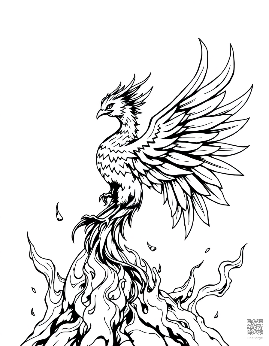 Free phoenix rising from flames in a spectacular display coloring page in manga style — printable line art