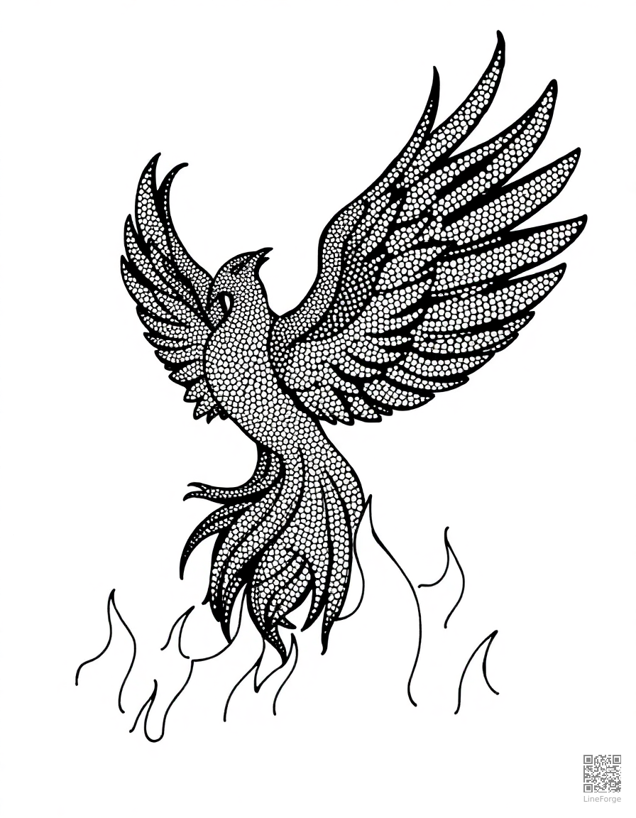 Free phoenix rising from flames in a spectacular display coloring page in stipple style — printable line art