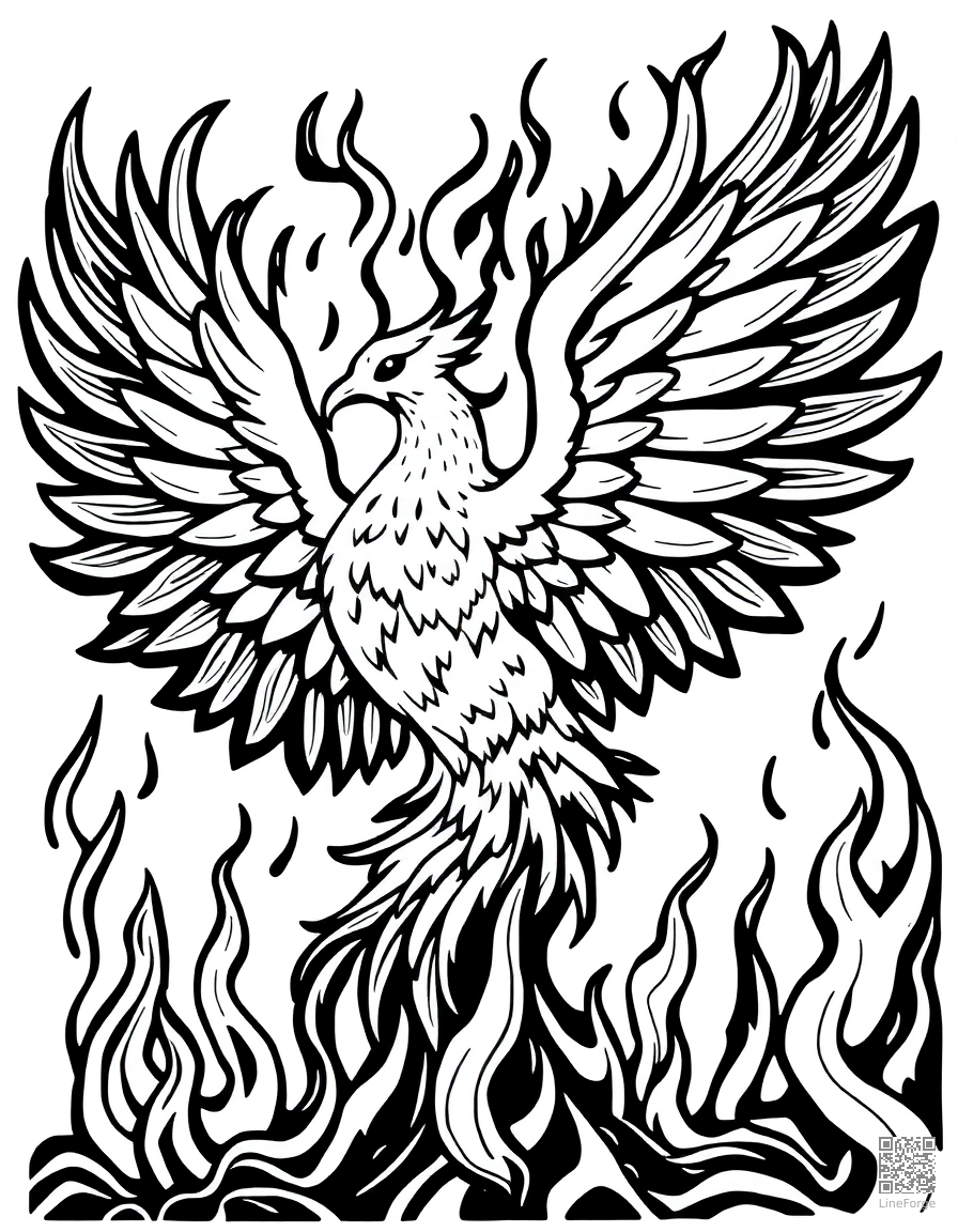 phoenix rising from flames in a spectacular display coloring page Woodcut style - free printable