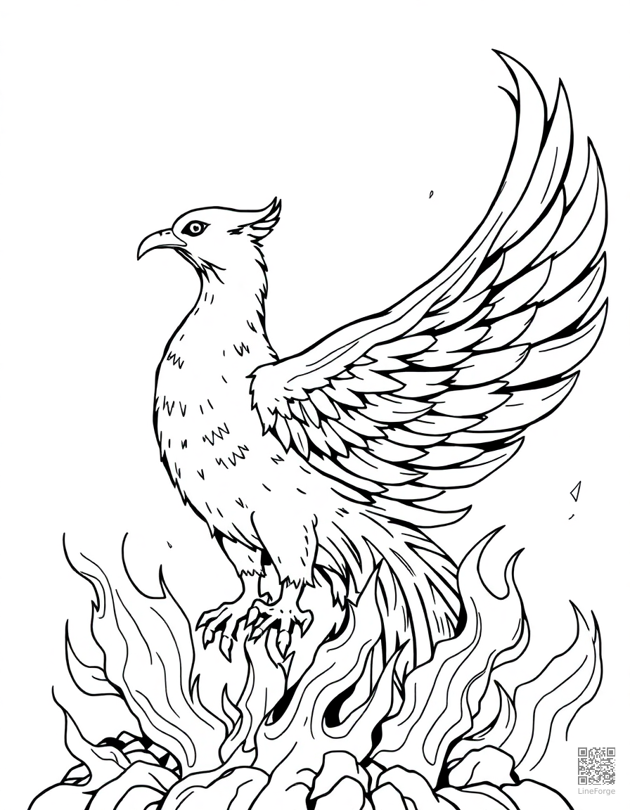 Phoenix rising from flames coloring page Manga style - free printable