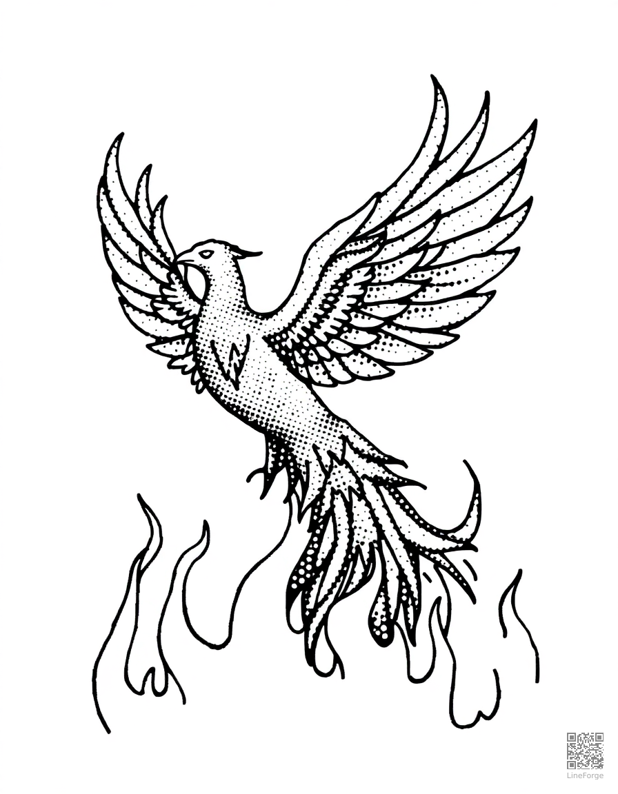 Phoenix rising from flames coloring page Stipple style - free printable