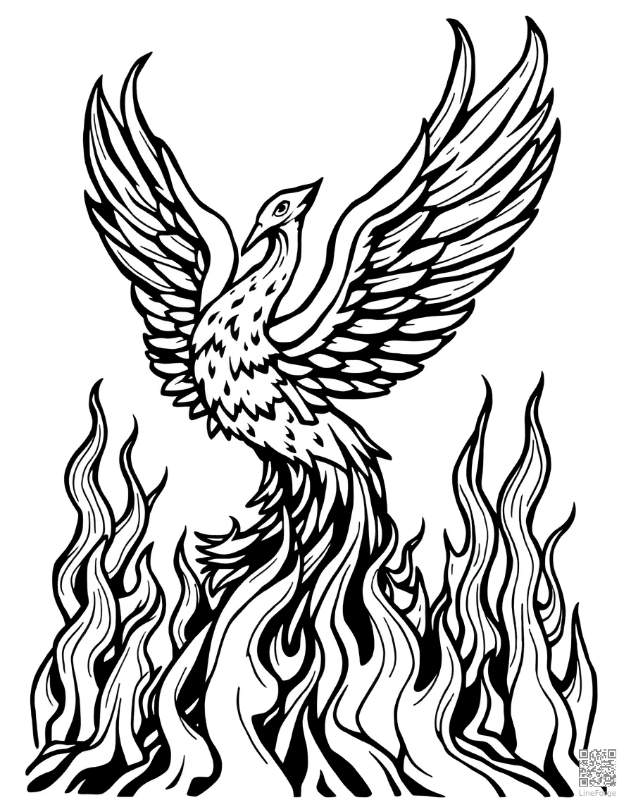 Phoenix rising from flames coloring page Woodcut style - free printable